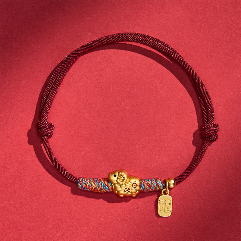 Buddha Stones Year of the Goat Copper Cute Sheep Lamb Fu Character Coins Red String Luck Bracelet - Two Copper Coins - Dark Red - image 19