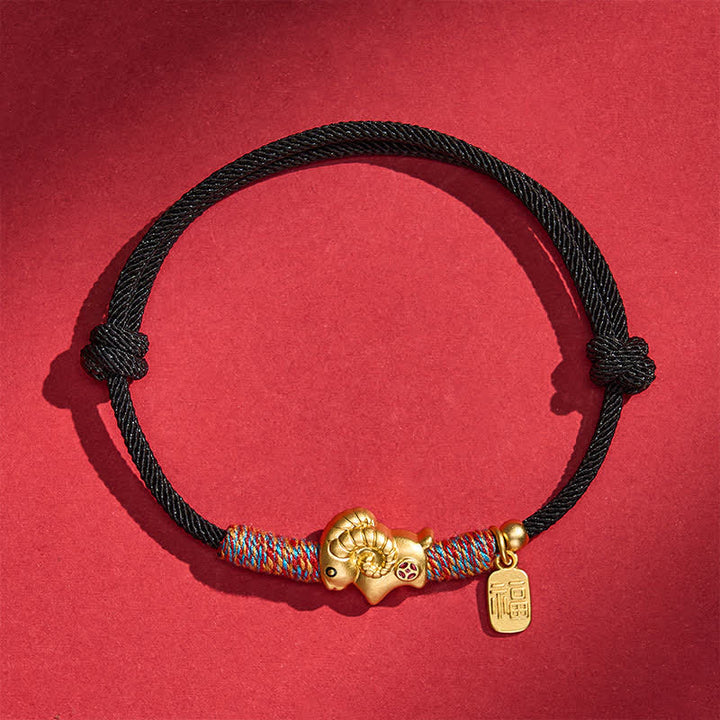 Buddha Stones Year of the Goat Copper Cute Sheep Lamb Fu Character Coins Red String Luck Bracelet - One Copper Coin - Black - image 11