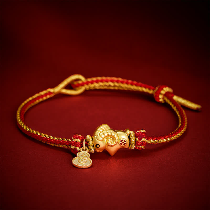 Buddha Stones Year of the Goat Copper Cute Sheep Lamb Fu Character Coins Gourd Charm Red String Protection Bracelet - One Copper Coin - image 0