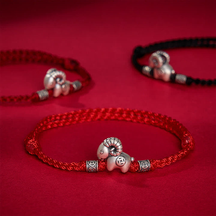 Buddha Stones Year of the Goat 999 Sterling Silver Sheep Lamb Copper Coin String Luck Bracelet - image 15