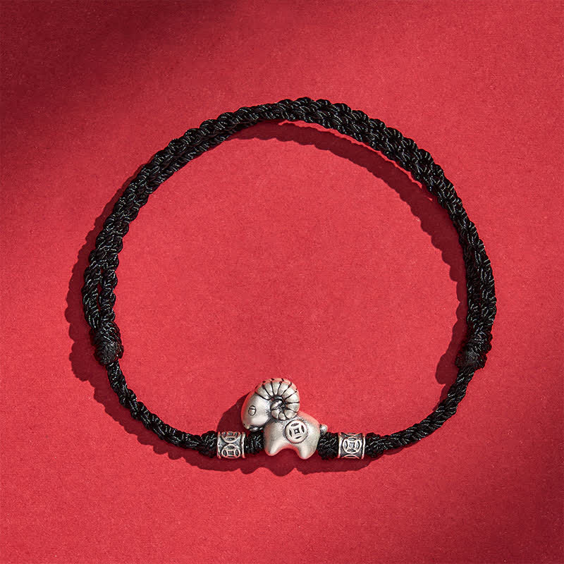 Buddha Stones Year of the Goat 999 Sterling Silver Sheep Lamb Copper Coin String Luck Bracelet - Black - image 16
