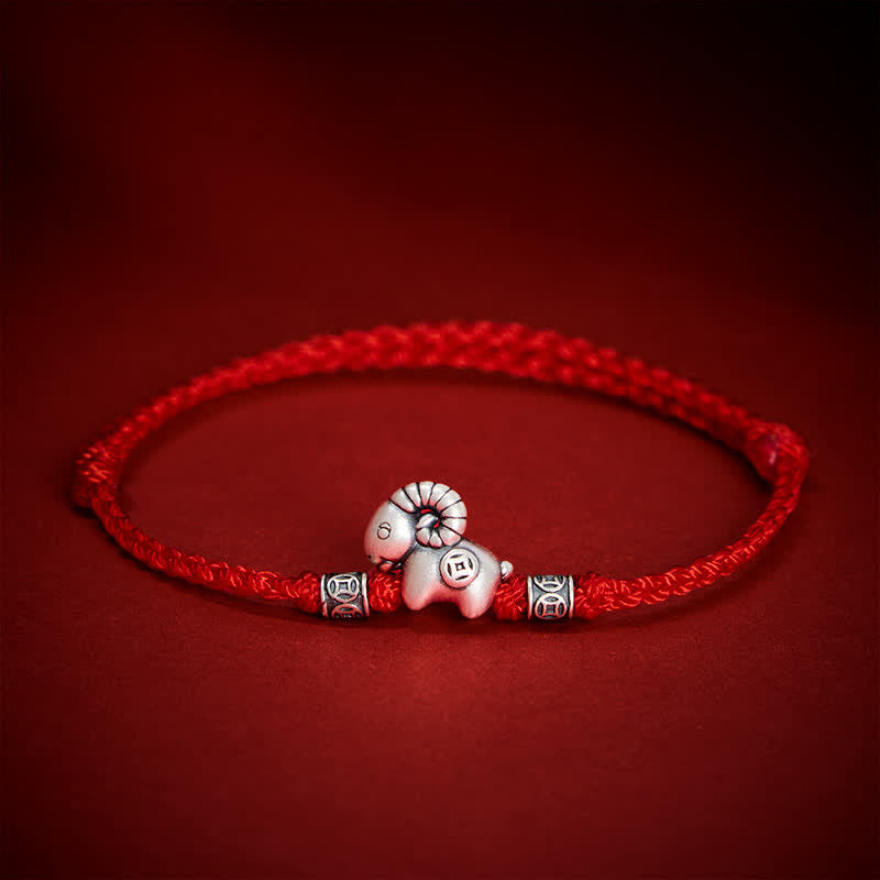 Buddha Stones Year of the Goat 999 Sterling Silver Sheep Lamb Copper Coin String Luck Bracelet - image 12