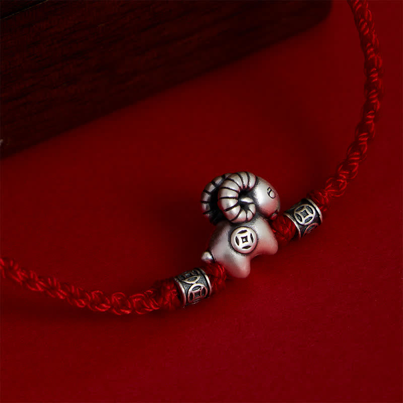 Buddha Stones Year of the Goat 999 Sterling Silver Sheep Lamb Copper Coin String Luck Bracelet - image 14
