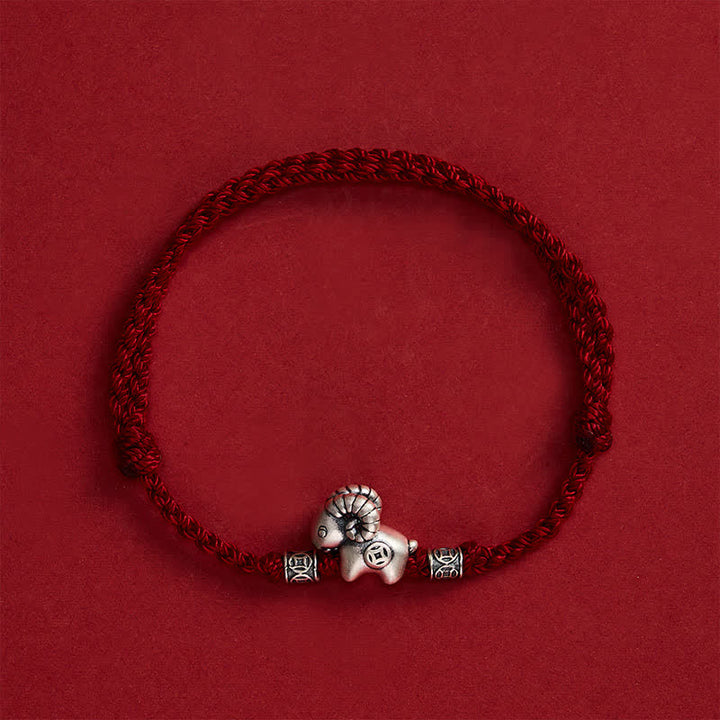 Buddha Stones Year of the Goat 999 Sterling Silver Sheep Lamb Copper Coin String Luck Bracelet - image 2