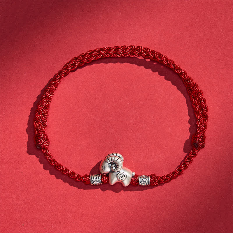 Buddha Stones Year of the Goat 999 Sterling Silver Sheep Lamb Copper Coin String Luck Bracelet - image 1
