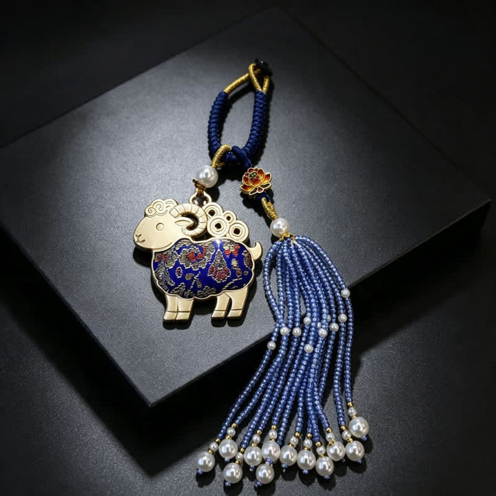 Buddha Stones Song Brocade Lotus Goat Pearl Tassel  Purity Keychains - Royal Blue - image 2