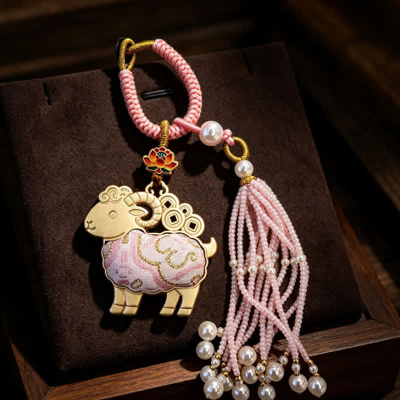 Buddha Stones Song Brocade Lotus Goat Pearl Tassel  Purity Keychains - Pink - image 3