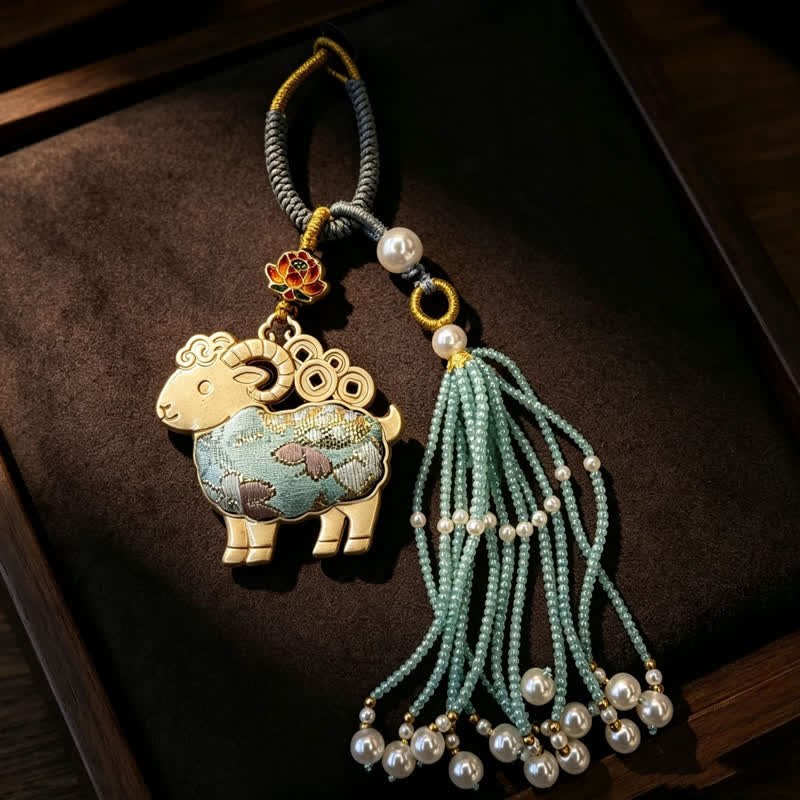 Buddha Stones Song Brocade Lotus Goat Pearl Tassel  Purity Keychains - Green - image 10