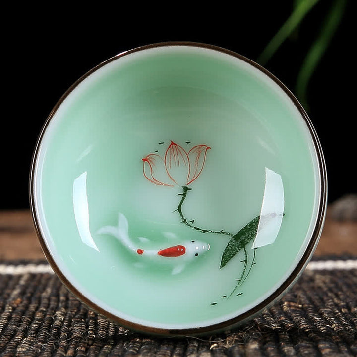 Buddha Stones Hand-Painted Koi Fish Lotus Ceramic Prosperity Tea Cup - Three-Petal Lotus - image 4