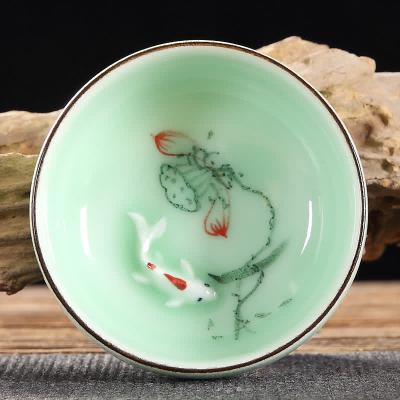 Buddha Stones Hand-Painted Koi Fish Lotus Ceramic Prosperity Tea Cup - Petals And Lotus Seed Pods - image 2
