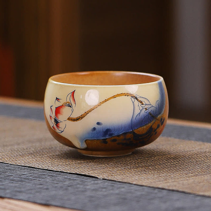Buddha Stones Vintage Lotus Landscape Ceramic Enlightenment Tea Cup - Lotus - image 0