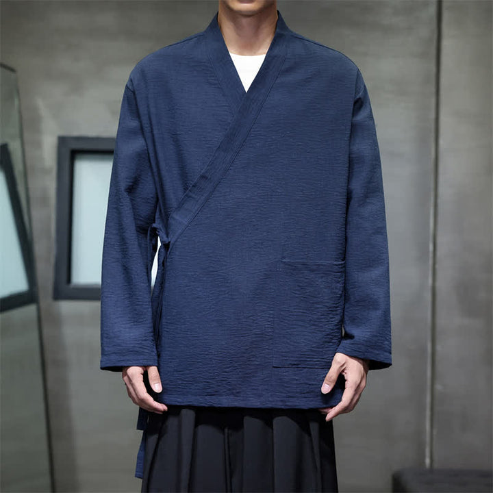 Buddha Stones Spring Tang Style Minimalist Drawstring Solid Men's Kimono With Pocket - MidnightBlue - US/UK/AU48，EU58 (4XL) - image 6