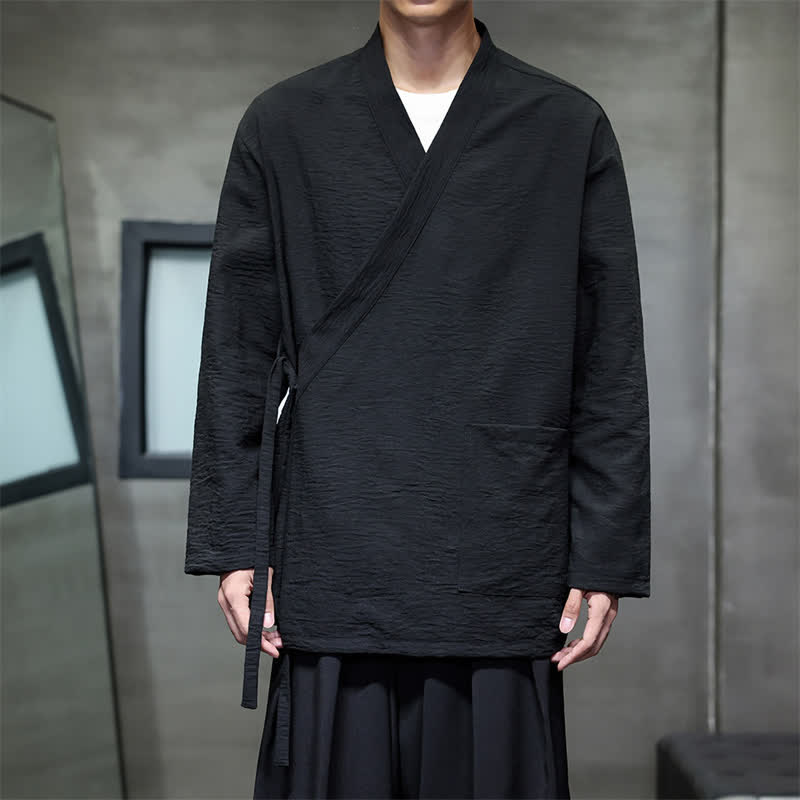 Buddha Stones Spring Tang Style Minimalist Drawstring Solid Men's Kimono With Pocket - Black - US/UK/AU48，EU58 (4XL) - image 16