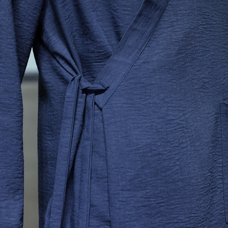 Buddha Stones Spring Tang Style Minimalist Drawstring Solid Men's Kimono With Pocket - image 14