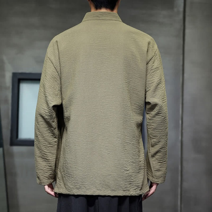 Buddha Stones Spring Tang Style Minimalist Drawstring Solid Men's Kimono With Pocket - image 4