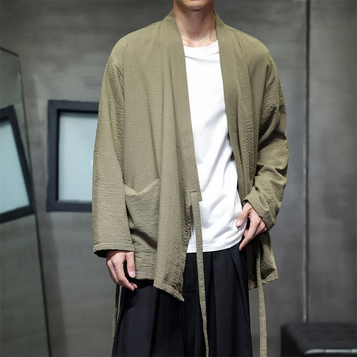 Buddha Stones Spring Tang Style Minimalist Drawstring Solid Men's Kimono With Pocket - image 3