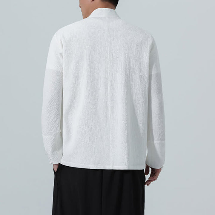 Buddha Stones Fall Classic Tang Style Button-Up Side Slit Solid Men's Long Sleeve Shirts - image 13