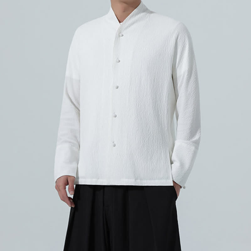 Buddha Stones Fall Classic Tang Style Button-Up Side Slit Solid Men's Long Sleeve Shirts - image 11