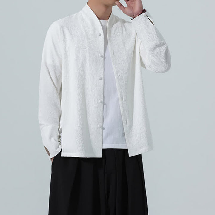 Buddha Stones Fall Classic Tang Style Button-Up Side Slit Solid Men's Long Sleeve Shirts - image 14