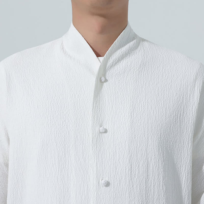 Buddha Stones Fall Classic Tang Style Button-Up Side Slit Solid Men's Long Sleeve Shirts - image 18
