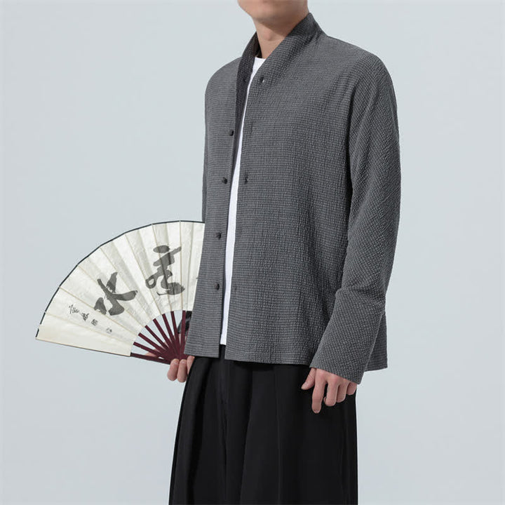 Buddha Stones Fall Classic Tang Style Button-Up Side Slit Solid Men's Long Sleeve Shirts - image 3