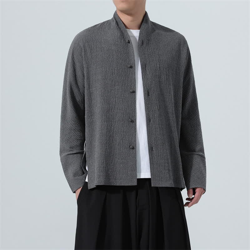 Buddha Stones Fall Classic Tang Style Button-Up Side Slit Solid Men's Long Sleeve Shirts - image 7