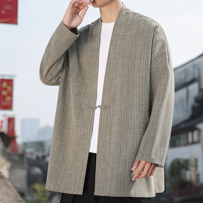 Buddha Stones Spring Tang Style Minimalist One Frog Button Solid Men's Kimono - image 3