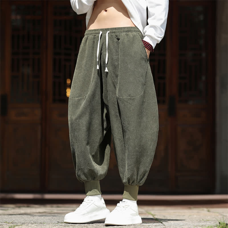 Buddha Stones Fall Winter Vintage Casual Solid Cropped Pants Corduroy Men's Harem Pants With Pockets - DarkOliveGreen - US/UK/AU46，EU56 (5XL) - image 0