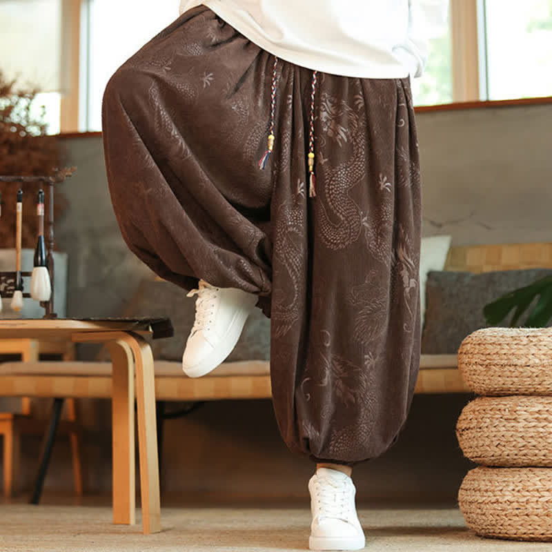 Buddha Stones Spring Fall Retro Casual Drawstring Dragon Pattern Ankle Pants Corduroy Men's Harem Pants With Pockets - image 6