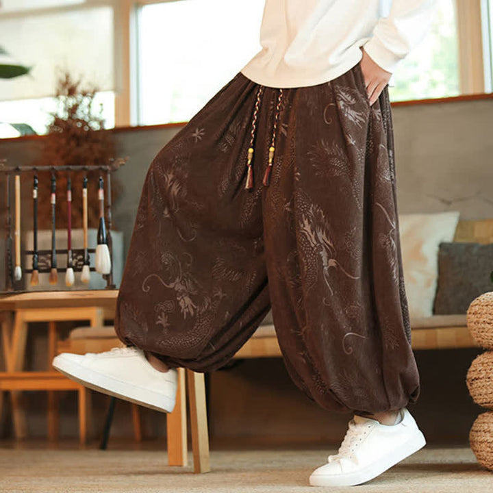 Buddha Stones Spring Fall Retro Casual Drawstring Dragon Pattern Ankle Pants Corduroy Men's Harem Pants With Pockets - image 5