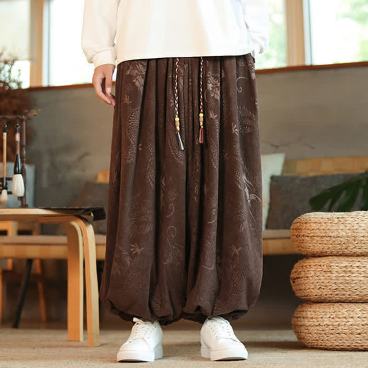 Buddha Stones Spring Fall Retro Casual Drawstring Dragon Pattern Ankle Pants Corduroy Men's Harem Pants With Pockets - image 1