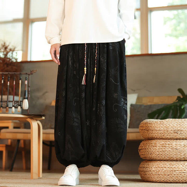 Buddha Stones Spring Fall Retro Casual Drawstring Dragon Pattern Ankle Pants Corduroy Men's Harem Pants With Pockets - image 10