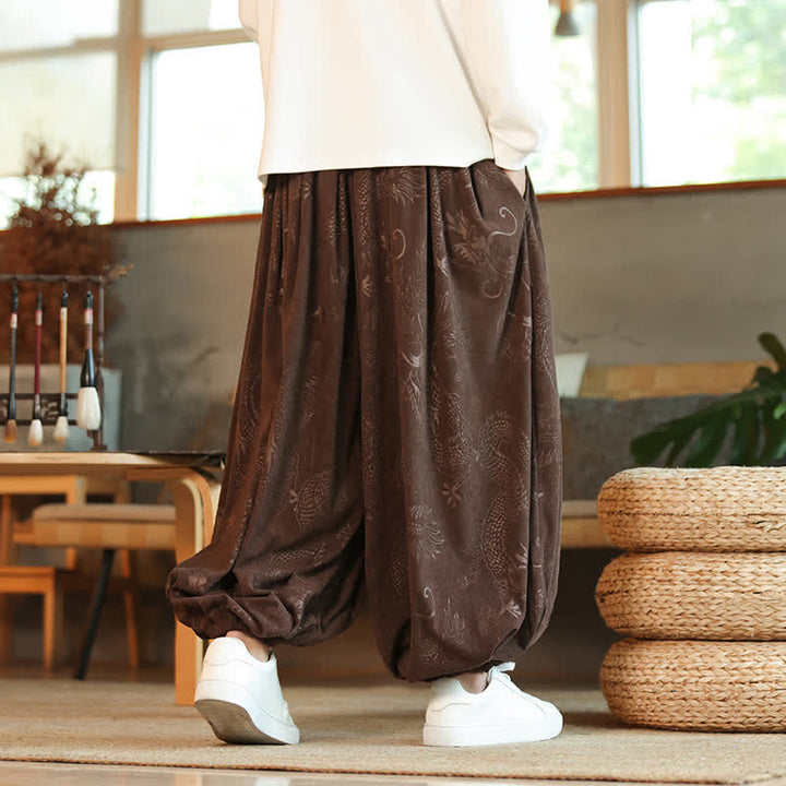 Buddha Stones Spring Fall Retro Casual Drawstring Dragon Pattern Ankle Pants Corduroy Men's Harem Pants With Pockets - image 4