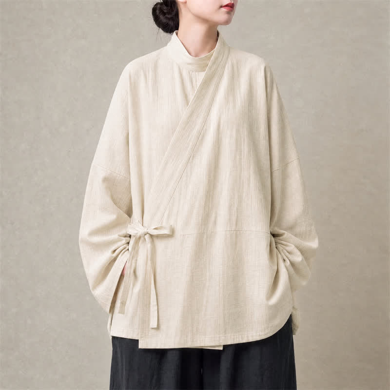 Buddha Stones Fall Minimalist Tang Style Drawstring Solid Cotton Linen Women's Kimono - Beige - US16，UK/AU20，EU48 (5XL) - image 9