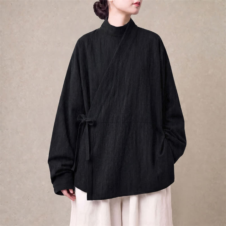 Buddha Stones Fall Minimalist Tang Style Drawstring Solid Cotton Linen Women's Kimono - Black - US16，UK/AU20，EU48 (5XL) - image 7
