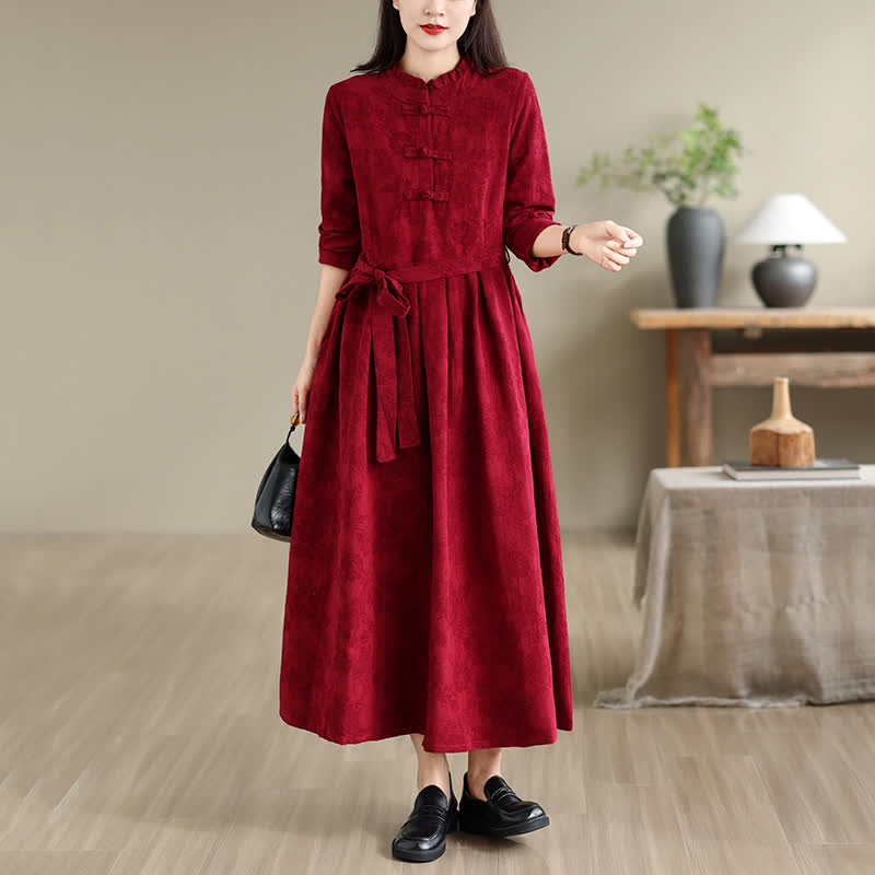 Buddha Stones Fall Winter Elegant Tang Style Frog Button Red Peony Pattern Cotton Linen Women's Long Sleeve Dress With Pocket - DarkRed - US8-10，UK/AU12-14，EU40-42 (2XL) - image 0