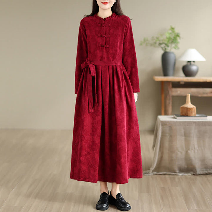 Buddha Stones Fall Winter Elegant Tang Style Frog Button Red Peony Pattern Cotton Linen Women's Long Sleeve Dress With Pocket - image 5