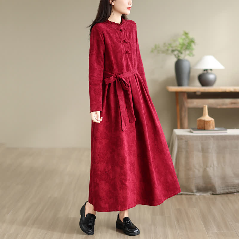 Buddha Stones Fall Winter Elegant Tang Style Frog Button Red Peony Pattern Cotton Linen Women's Long Sleeve Dress With Pocket - image 1
