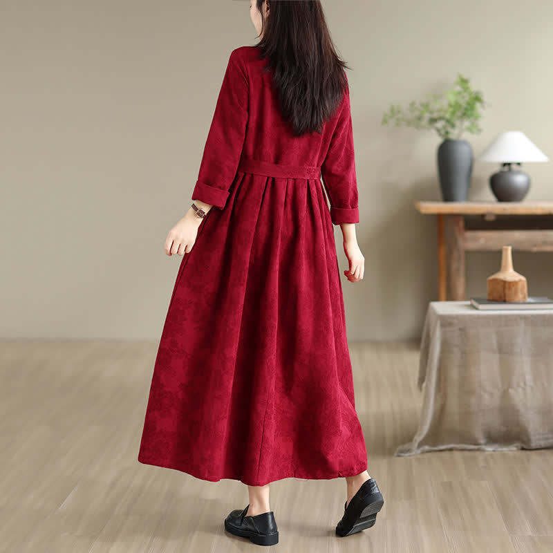 Buddha Stones Fall Winter Elegant Tang Style Frog Button Red Peony Pattern Cotton Linen Women's Long Sleeve Dress With Pocket - image 4