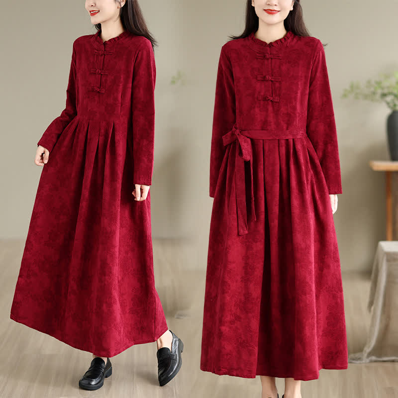 Buddha Stones Fall Winter Elegant Tang Style Frog Button Red Peony Pattern Cotton Linen Women's Long Sleeve Dress With Pocket - image 7