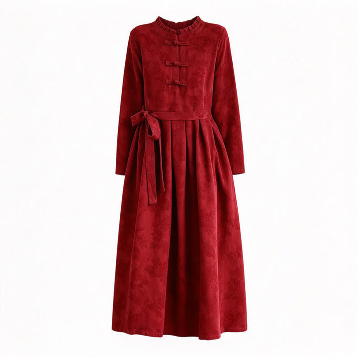 Buddha Stones Fall Winter Elegant Tang Style Frog Button Red Peony Pattern Cotton Linen Women's Long Sleeve Dress With Pocket - image 8