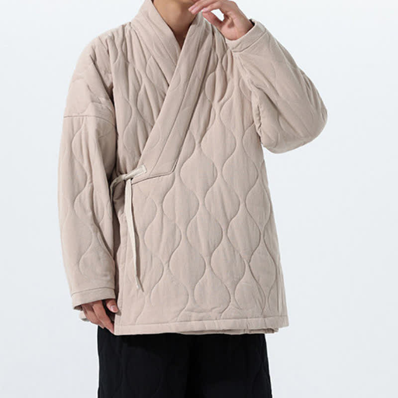 Buddha Stones Fall Winter Minimalist Tang Style Wrap-front Drawstring Thickened Padded Design Solid Men's Kimono With Pockets - image 34
