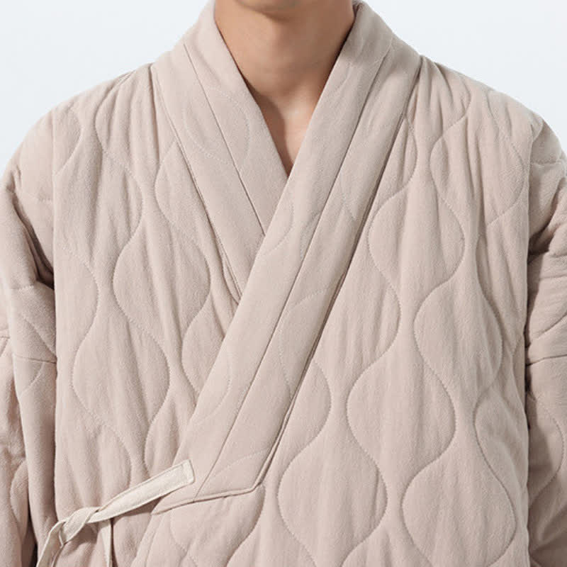 Buddha Stones Fall Winter Minimalist Tang Style Wrap-front Drawstring Thickened Padded Design Solid Men's Kimono With Pockets - image 37