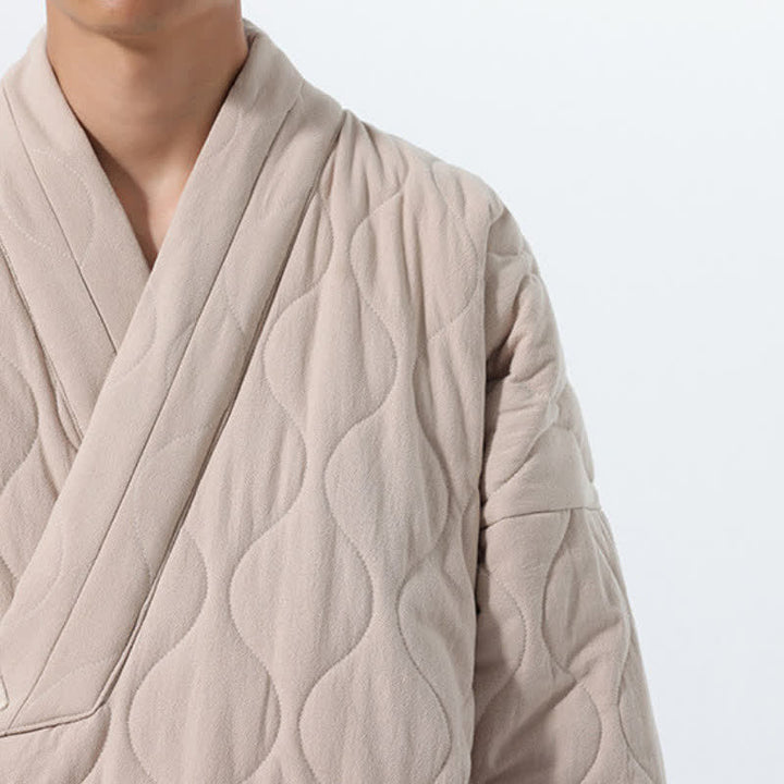 Buddha Stones Fall Winter Minimalist Tang Style Wrap-front Drawstring Thickened Padded Design Solid Men's Kimono With Pockets - image 38