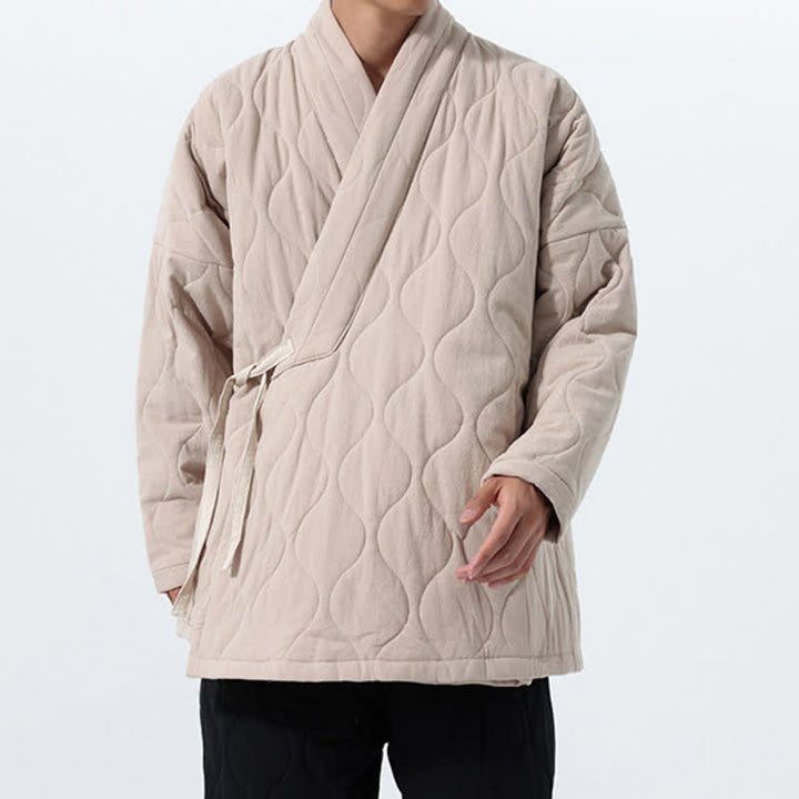 Buddha Stones Fall Winter Minimalist Tang Style Wrap-front Drawstring Thickened Padded Design Solid Men's Kimono With Pockets - image 31