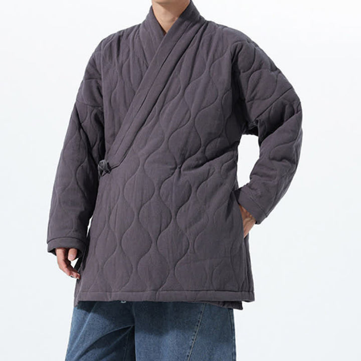 Buddha Stones Fall Winter Minimalist Tang Style Wrap-front Drawstring Thickened Padded Design Solid Men's Kimono With Pockets - image 15