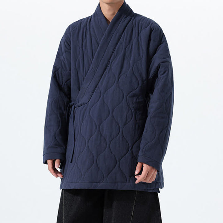 Buddha Stones Fall Winter Minimalist Tang Style Wrap-front Drawstring Thickened Padded Design Solid Men's Kimono With Pockets - image 6
