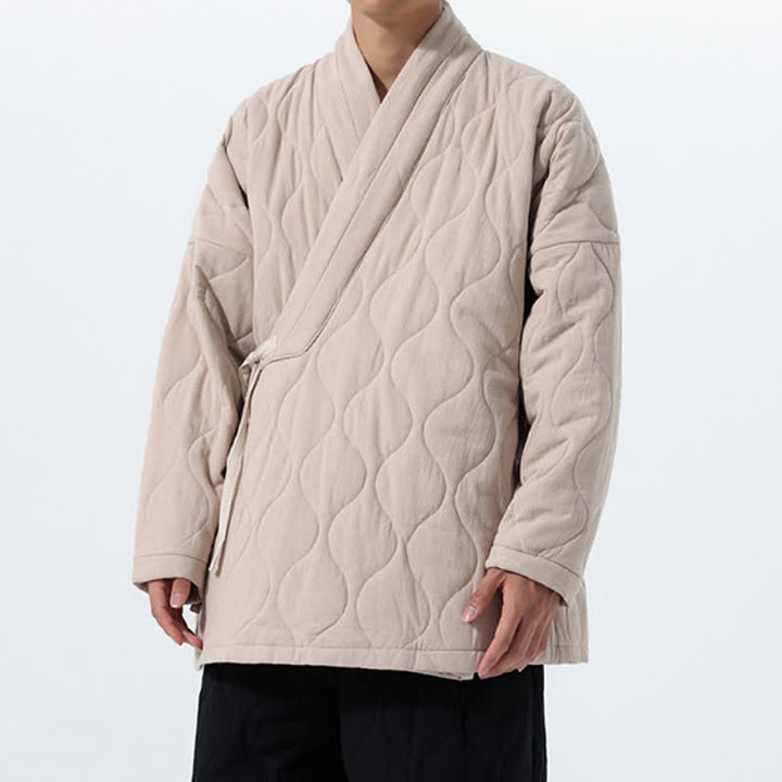 Buddha Stones Fall Winter Minimalist Tang Style Wrap-front Drawstring Thickened Padded Design Solid Men's Kimono With Pockets - image 35