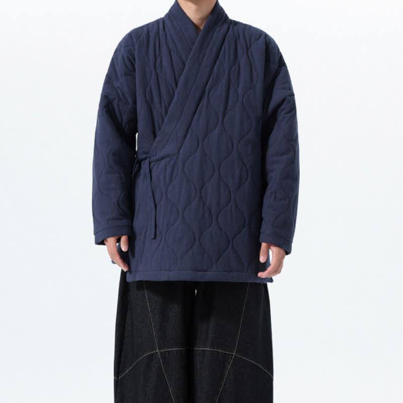 Buddha Stones Fall Winter Minimalist Tang Style Wrap-front Drawstring Thickened Padded Design Solid Men's Kimono With Pockets - image 8