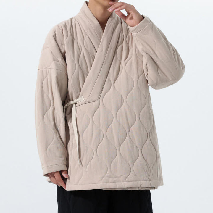 Buddha Stones Fall Winter Minimalist Tang Style Wrap-front Drawstring Thickened Padded Design Solid Men's Kimono With Pockets - image 27